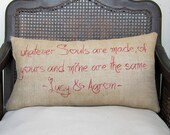 Made for Each Other - Burlap Pillow -  Feedsack Style - Personalized Name Pillow - Wuthering Heights Quote