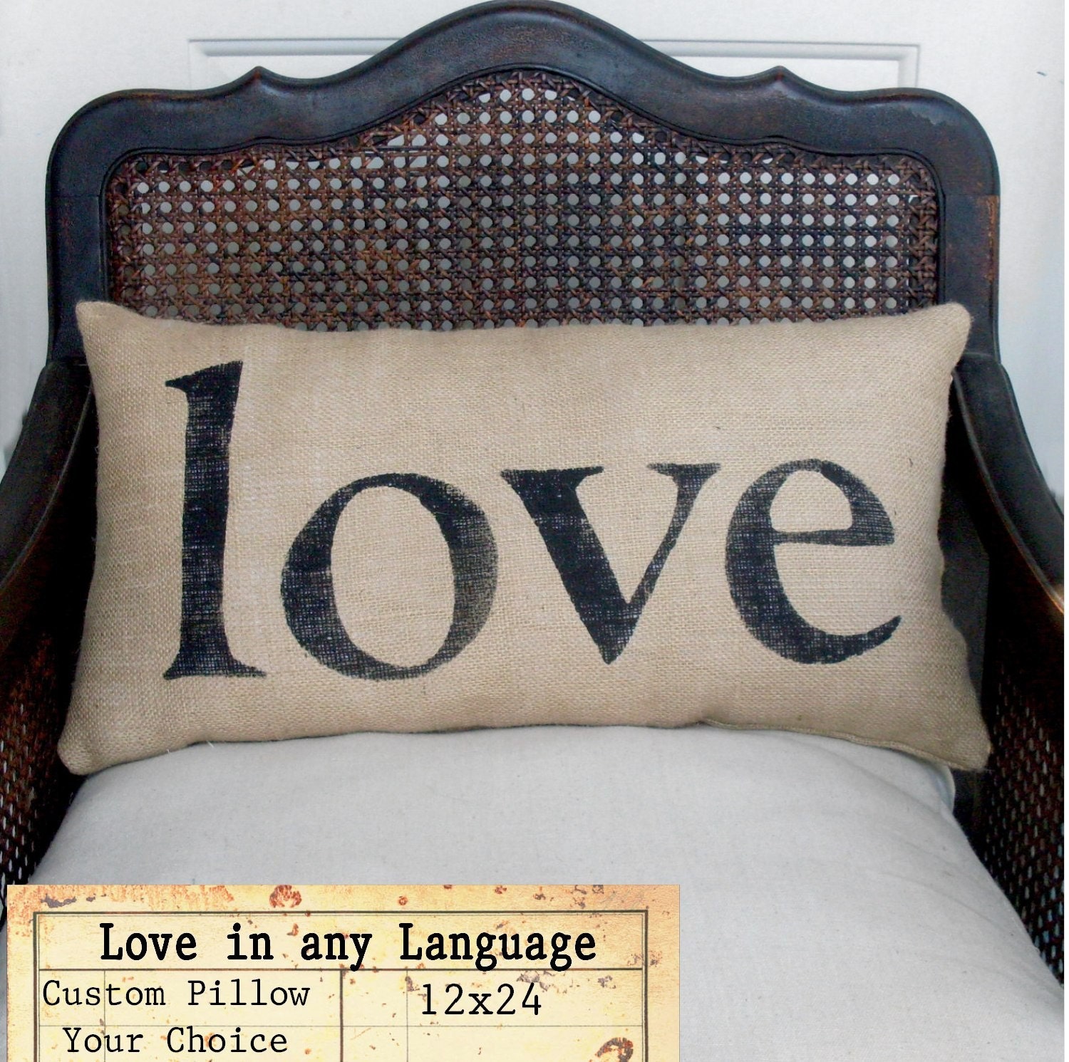 Love in any Language -  Burlap Pillow - Personalize with the language of your choice - Custom  Love Pillow Lumbar Style