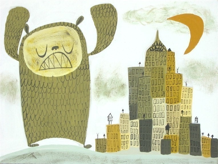 The Giant Suburban Bear Monster visits NYC. 13x19 print by Matte Stephens.