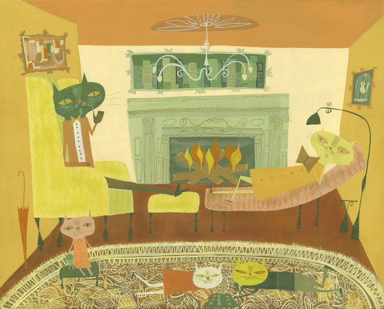 The cat family relaxes. Limited edition 13x19 print by Matte Stephens.