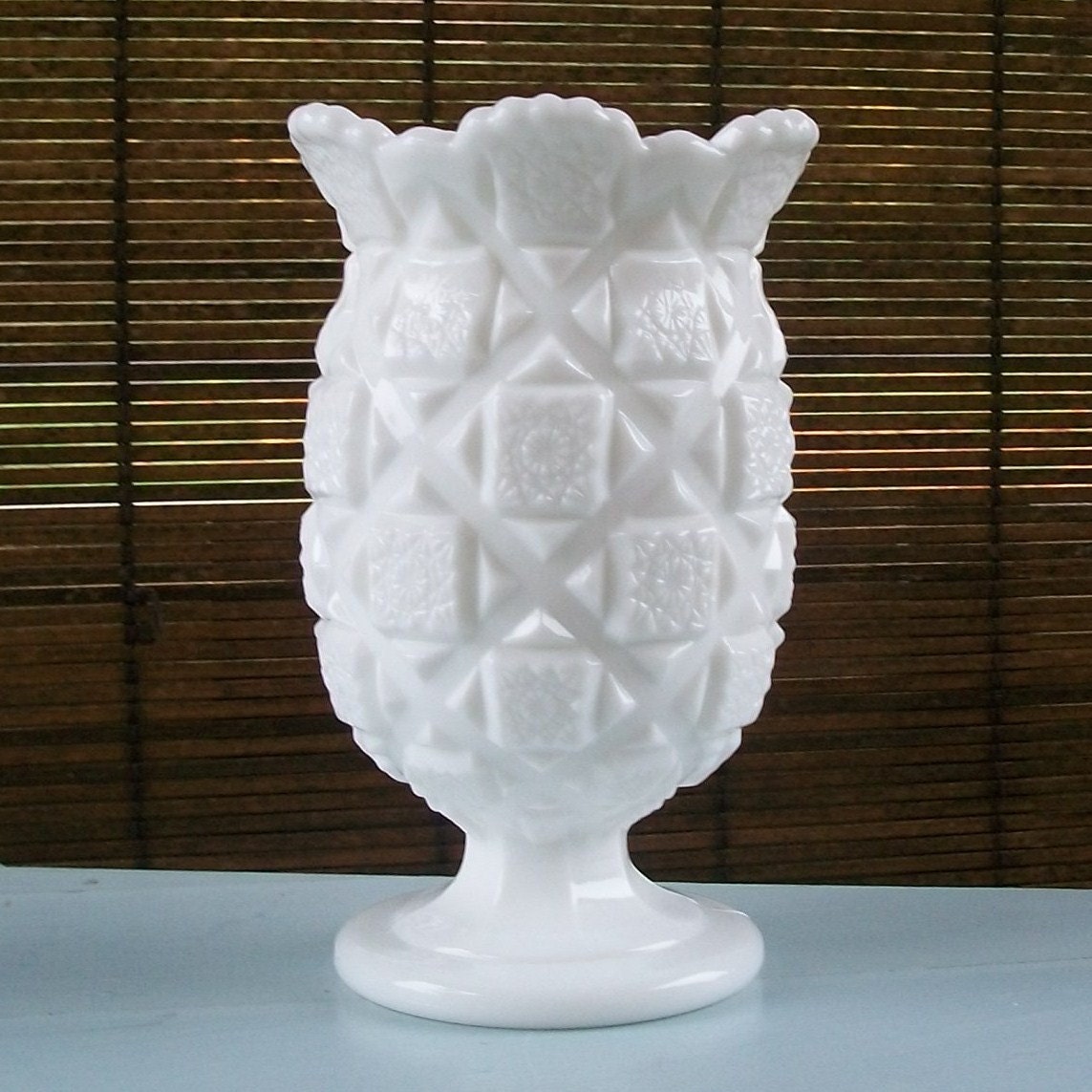 Items similar to Vintage Westmoreland Old Quilt Pattern Vase Milk Glass