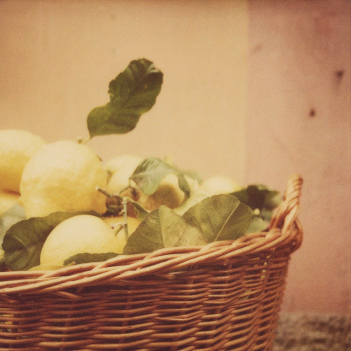 Lemons in Basket, Food Photography, Kitchen Art, Polaroid Print, Italy, Home Decor, Yellow, Rustic, Peach, Basket - Limone