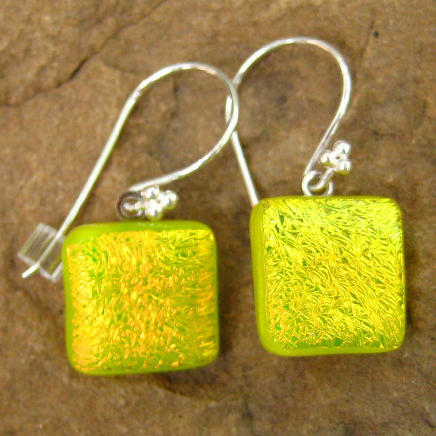 Yellow  Dichroic Fused Glass Drop Earrings, Fused Glass Jewlery Dangle Earrings