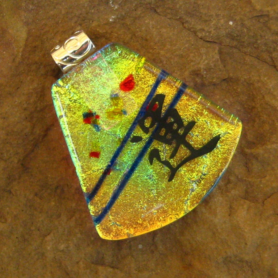 Kanji Symbol Dichroic Fused  Pendant, Fused Glass Pendant - Luck
