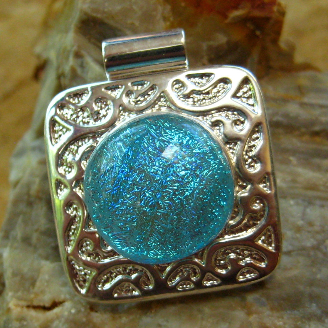 Blue  Dichroic Fused Glass Pendant , Fused Glass Pendant - Baby Blue in Silver Setting