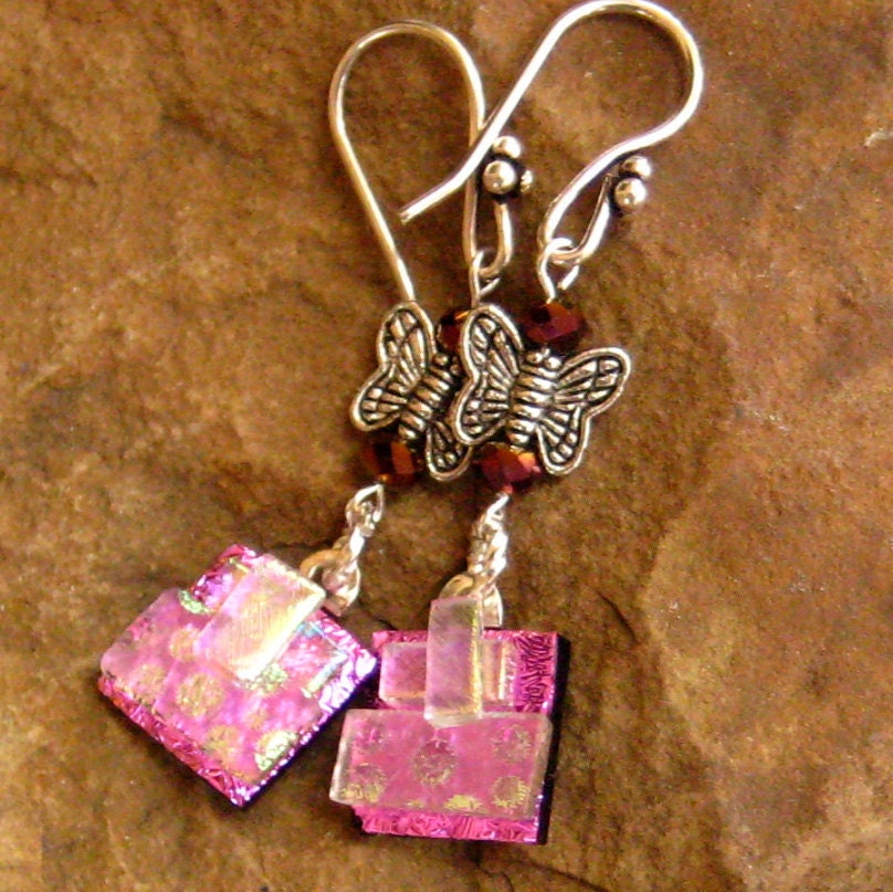 Pink  Dichroic Fused Glass Drop Earrings - Pink Butterfly Earrings