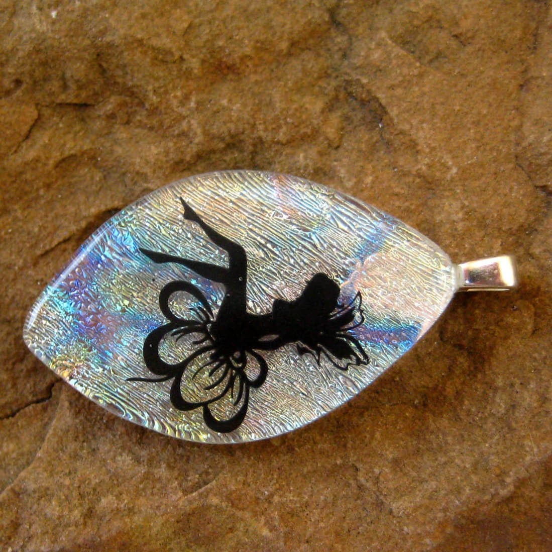 Fused Glass Jewelry, White Fairy Dichroic Fused Glass Pendant - Fairy on a Flower