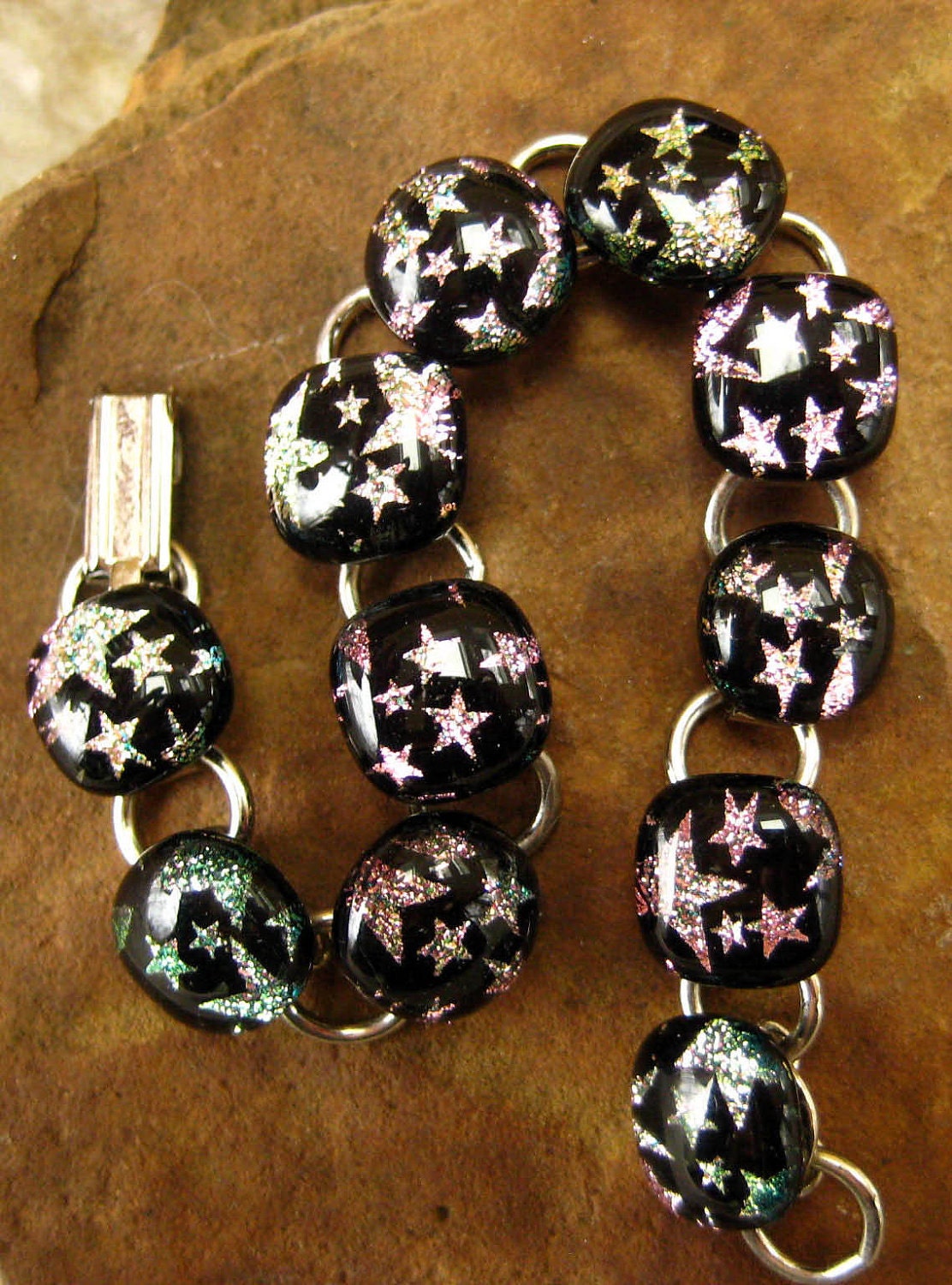 Pink Stars Dichroic Jewelry  Fused Glass Bracelet  Pink Starry Night