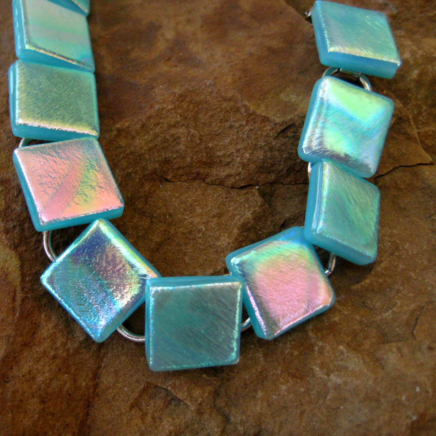 Sky Blue Dichroic Jewerly Fused Glass Link Bracelet Sky Blue Rainbows