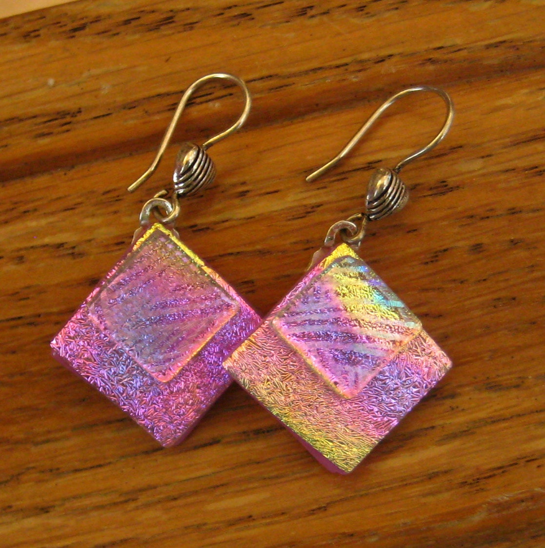 Hot Pink Fused Glass Earrings, Dichroic Fused Glass  Earrings