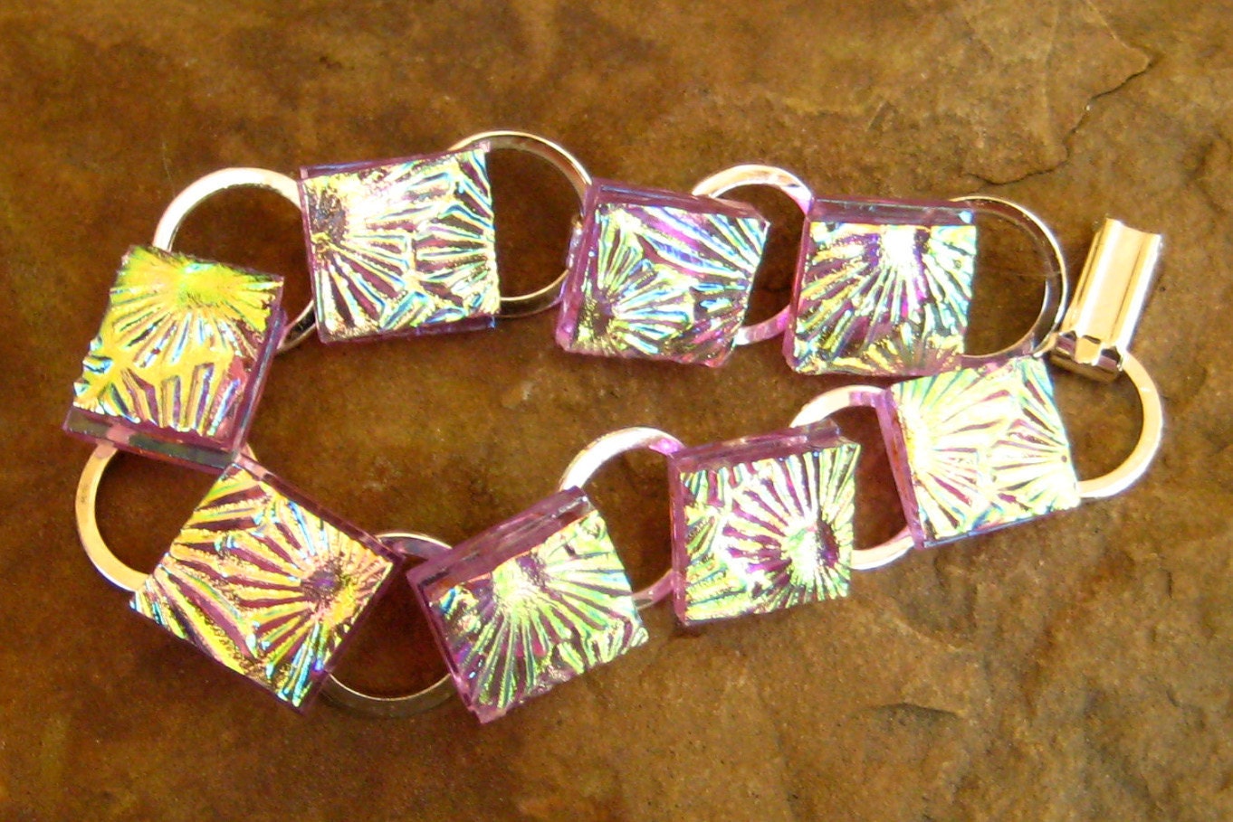 Purple Fused Glass Link Bracelet, Dichroic Textured Glass Bracelet - Purple Flower Garden