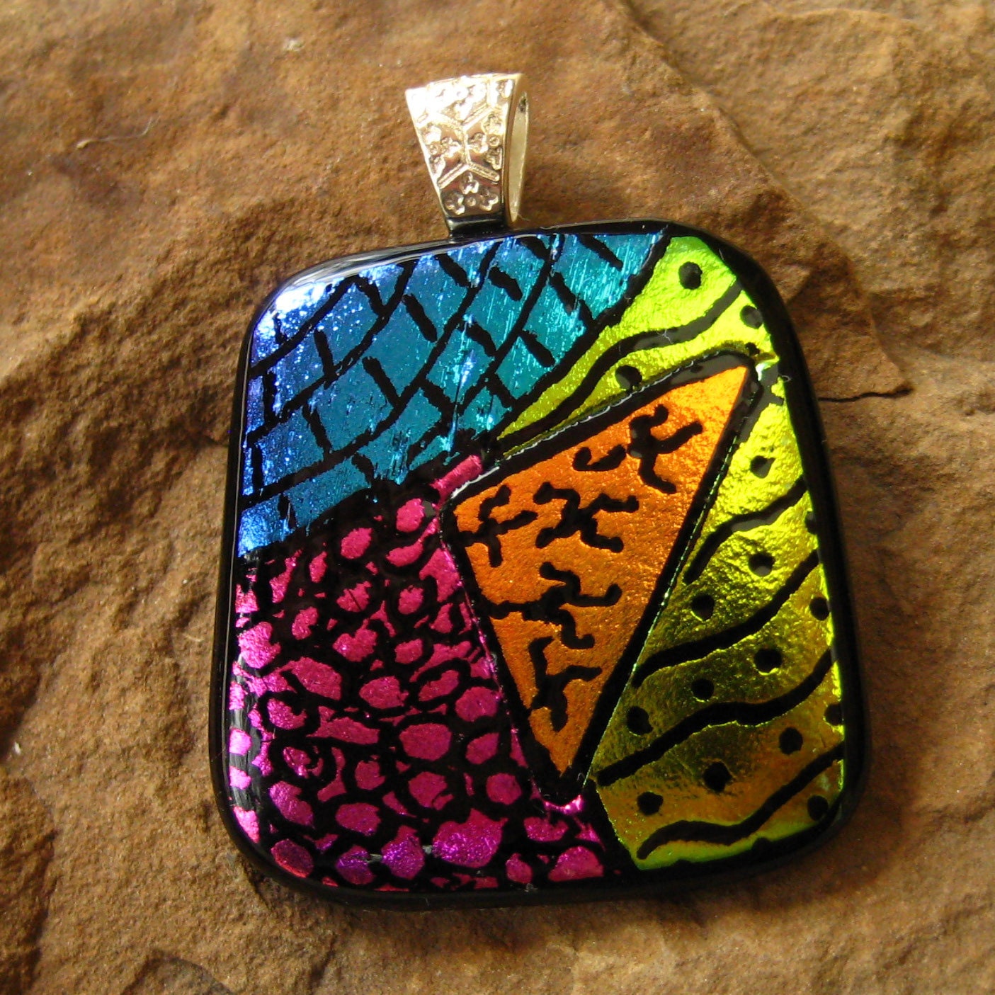 Dichroic Fused Glass Zentangle Pendant, Fused Glass - Crossroads
