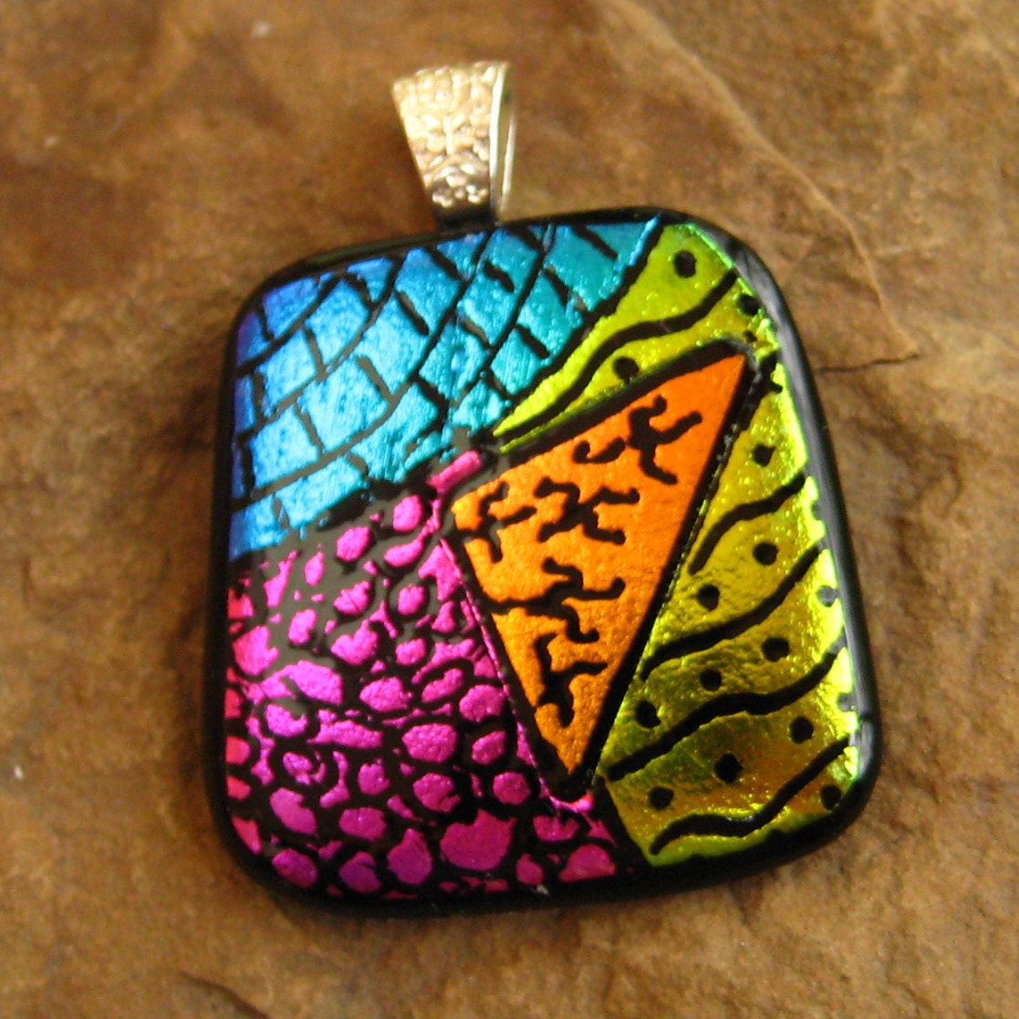 Dichroic Fused Glass Zentangle Pendant, Fused Glass - Crossroads