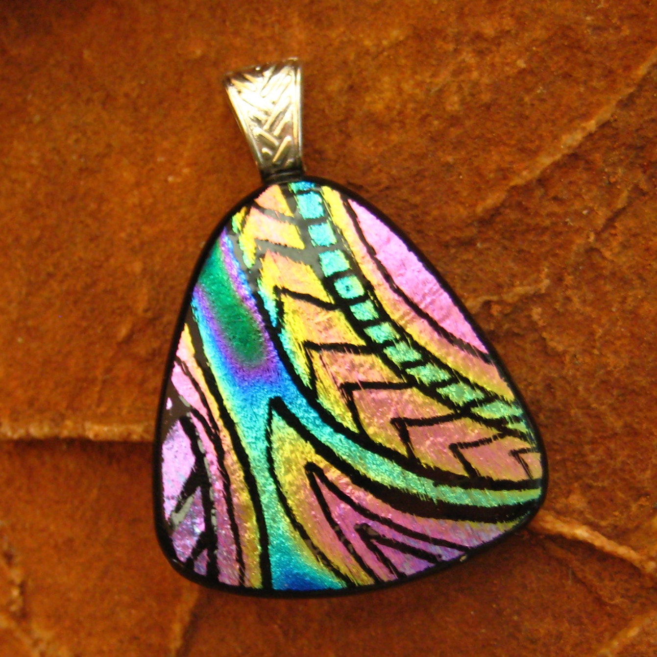 Dichroic Fused Glass Zentangle Pendant, Fused Glass - Southwest