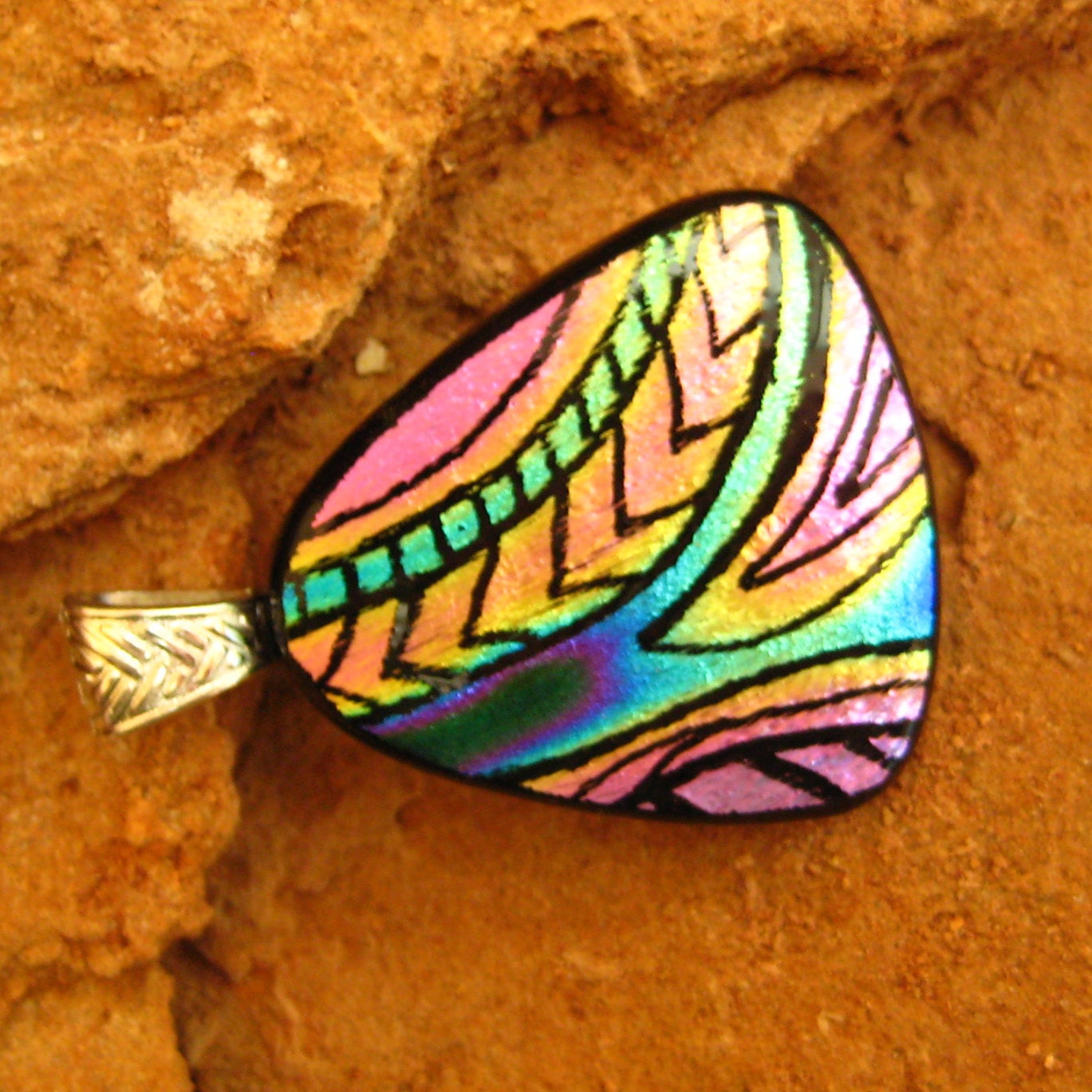 Dichroic Fused Glass Zentangle Pendant, Fused Glass - Southwest