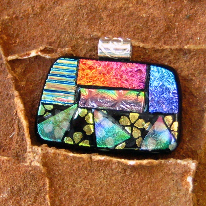 Fused Glass Pendant, Dichroic Jewelry - Dichroic Patchwork Pendant