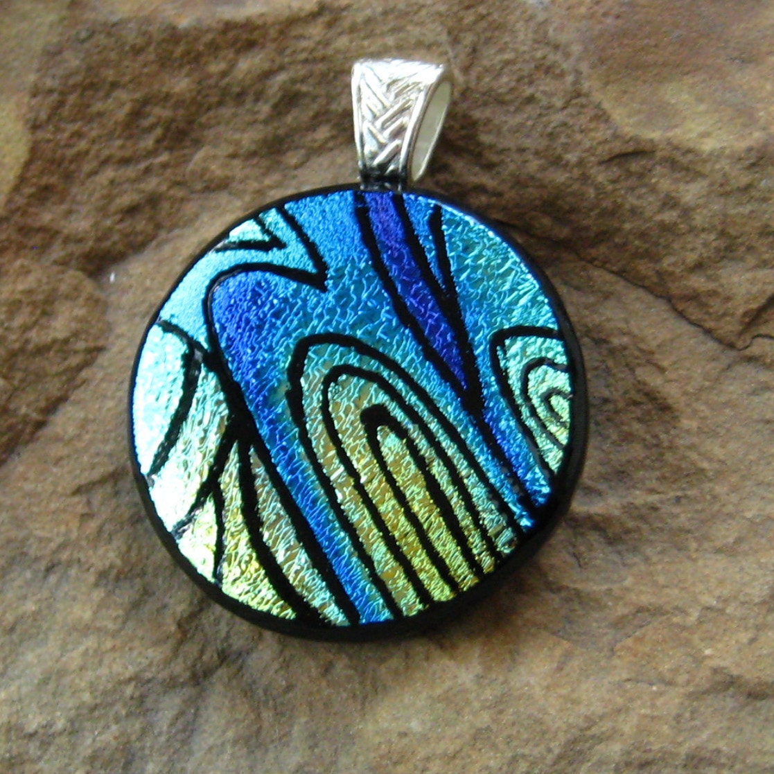 Dichroic Fused Glass Zentangle Pendant, Hand Etched Fused Glass - Cool Southwest
