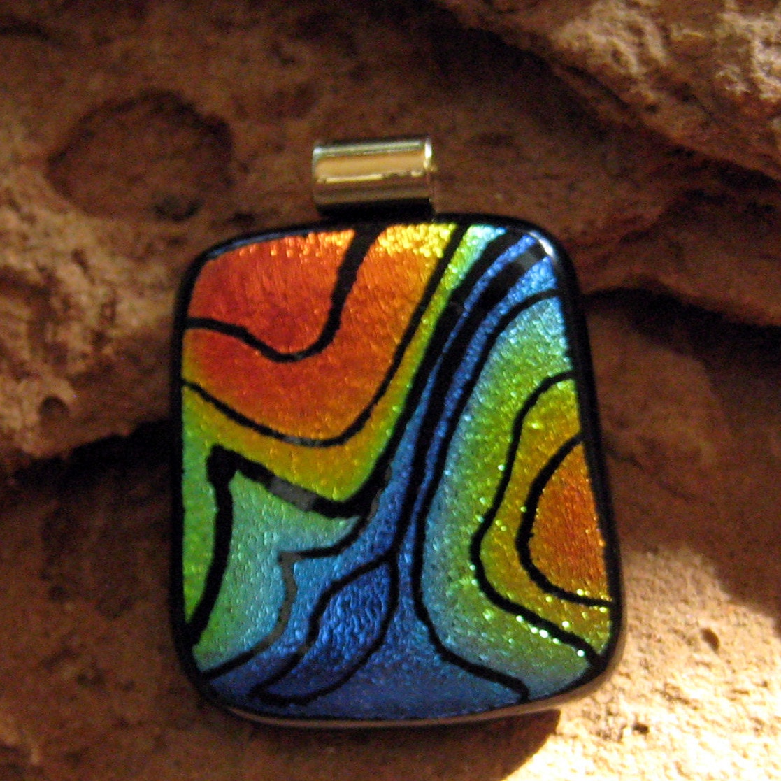 Dichroic Fused Glass Hand Etched  Pendant, Fused Glass -A River Runs Through It
