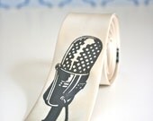Silkscreen Print Skinny Necktie - Vintage Microphone - Cream
