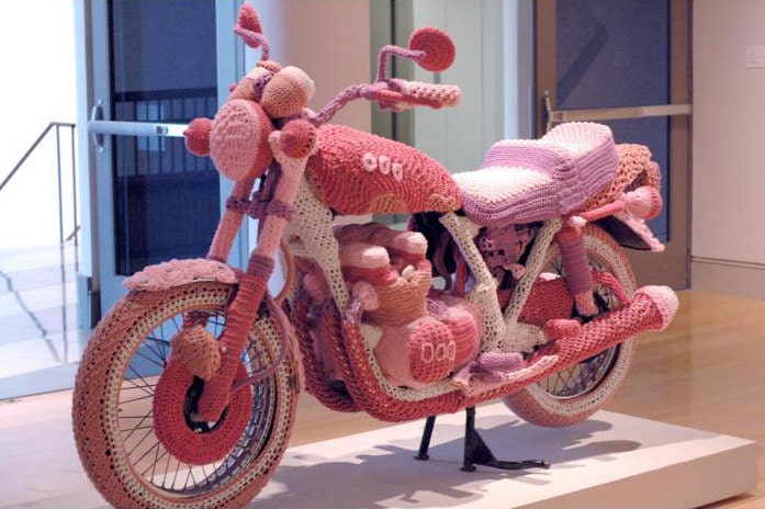 Knit Motorcycle Cozy sculpture by Theresa Honeywell