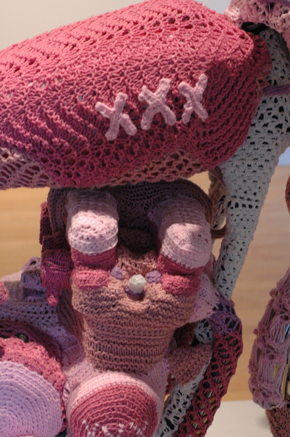 Knit Motorcycle Cozy sculpture by Theresa Honeywell