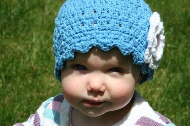 2T to 4T, Beanie Flapper, Delft Blue with White Double Layer Flower and Pink Center