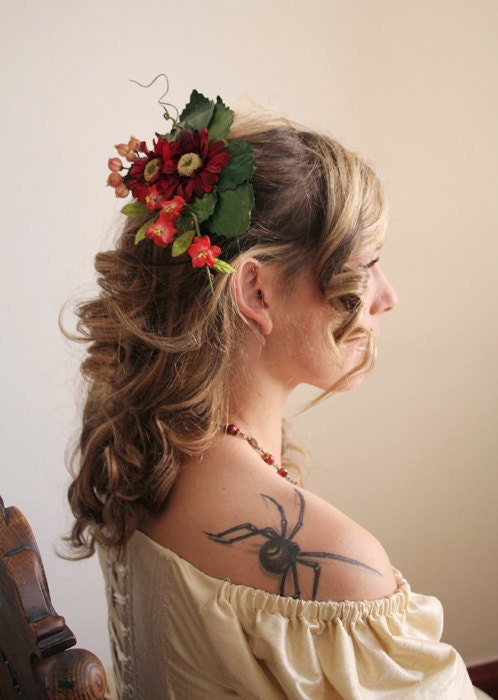 Red Romantic antique looking flower fascinator hair piece