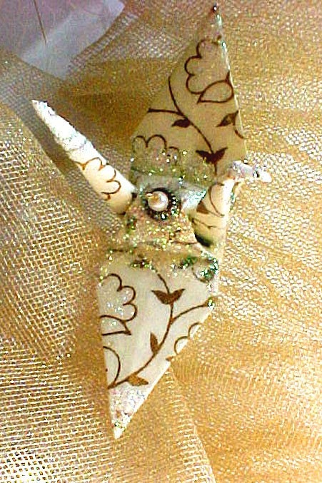 Peace Crane Wedding Cake Topper Favor Origami Ornament Japanese Paper Bird White Gold Sparkle Flowers