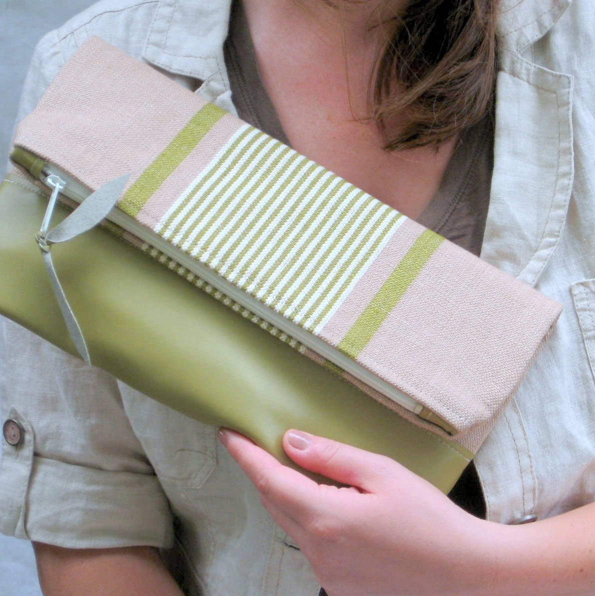 Clutch Purse in Stripe Natural and Green Linen and Vegan Leather Foldover