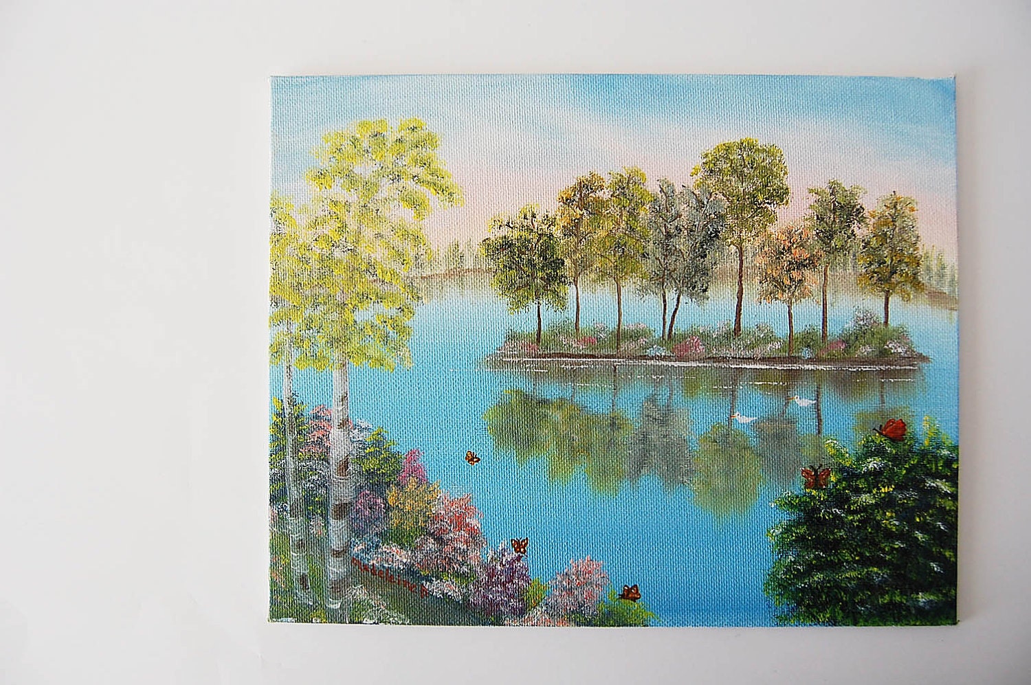 Peace and Serenity vintage Oil Painting / Original Artwork 8 x 10 / Signed / Nature Landscape w Butterflies River Birch Tree