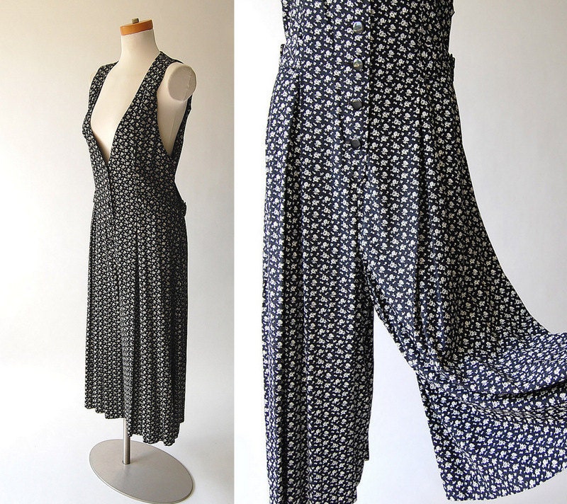 1980s Jumpsuit . vintage grunge Romper . black and white calico print . Rayon Drape . S M L
