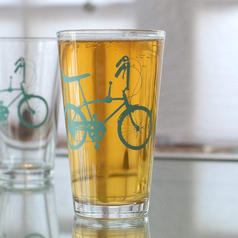Wheelie Bike, screen printed glassware, turquoise, set of 4 pint glasses
