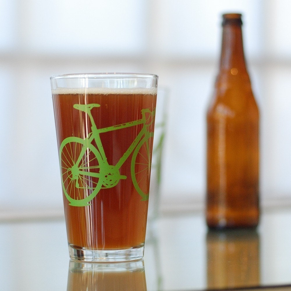 Vital Bicycle, screen printed glassware, grass green, set of 2 pint glasses