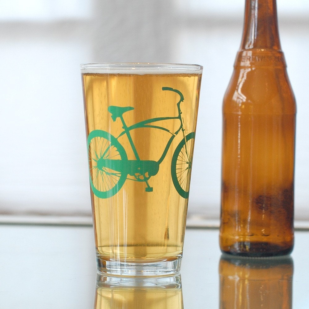 2 hand printed cruiser bike pint glasses, green bicycle