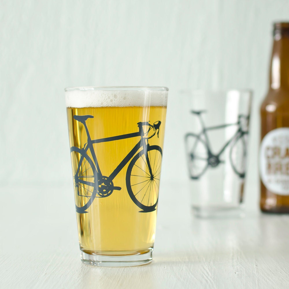 2 hand printed bike pint glasses, charcoal gray bicycle