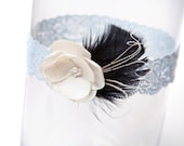 Blue Lace Garter with Black Feather Accents - Something Blue Bridal Garter