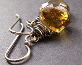 Cognac Quartz Earrings . Geometric Jewelry . Hexagon Drop Earrings . Sterling Silver
