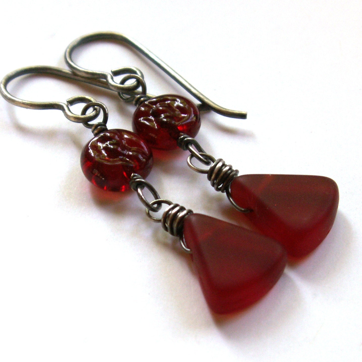 Red Glass Earrings . Vintage Glass Earrings . Sterling Silver Earrings
