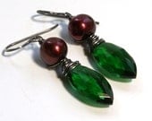 Emerald Green Earrings with Crimson Pearls . Sterling Silver