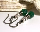 Green Onyx Earrings . White Pearl Earrings . Emerald Green Earrings . Sterling Silver