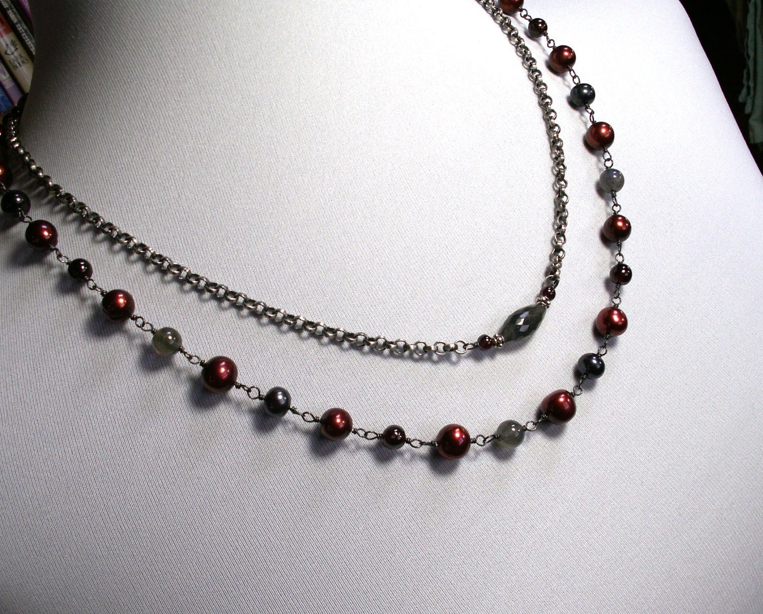Garnet Necklace . Labradorite Necklace with Pearls . Sterling Silver