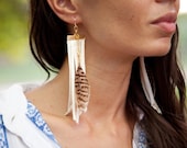 long white leather fringe earrings with brown and tan feather