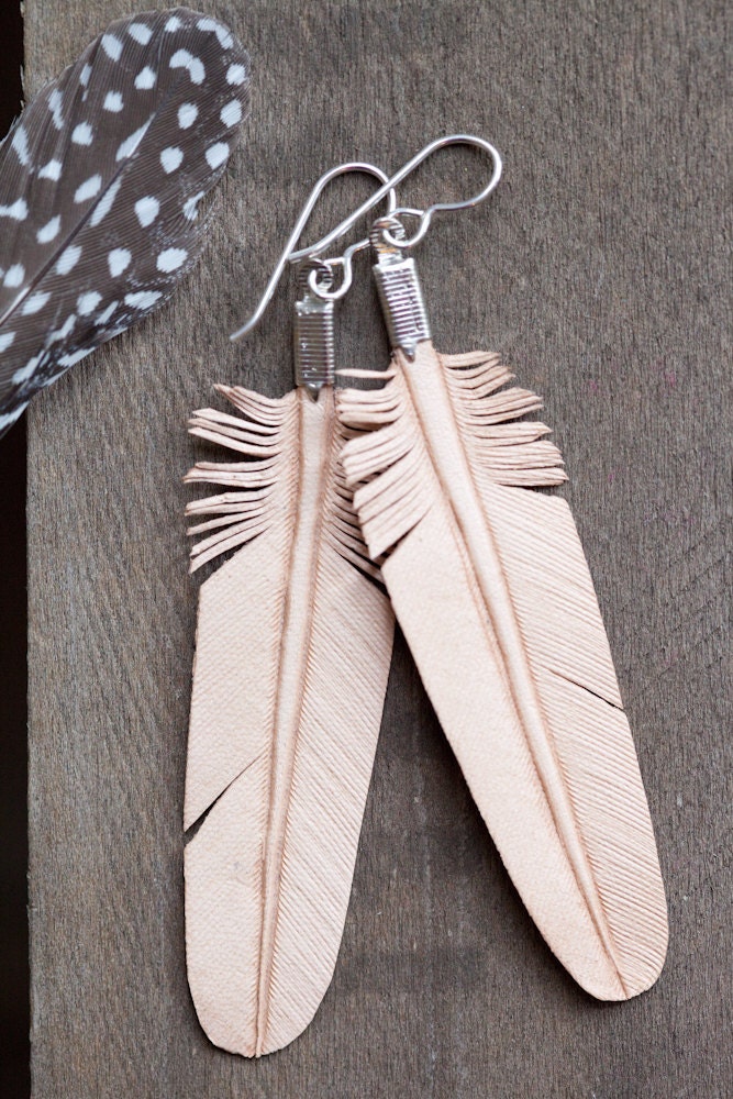 SALE  leather feather earrings - hand carved - natural tan