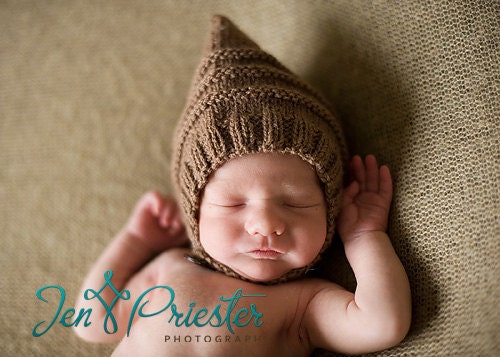 Pixie bonnet baby hat with chin strap and button hand knit brown newborn boy girl unigender photo photography prop