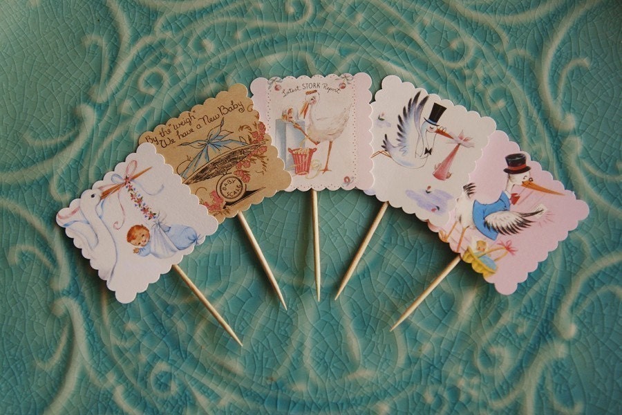 BABY STORK party cupcake TOPPERS- set of 20