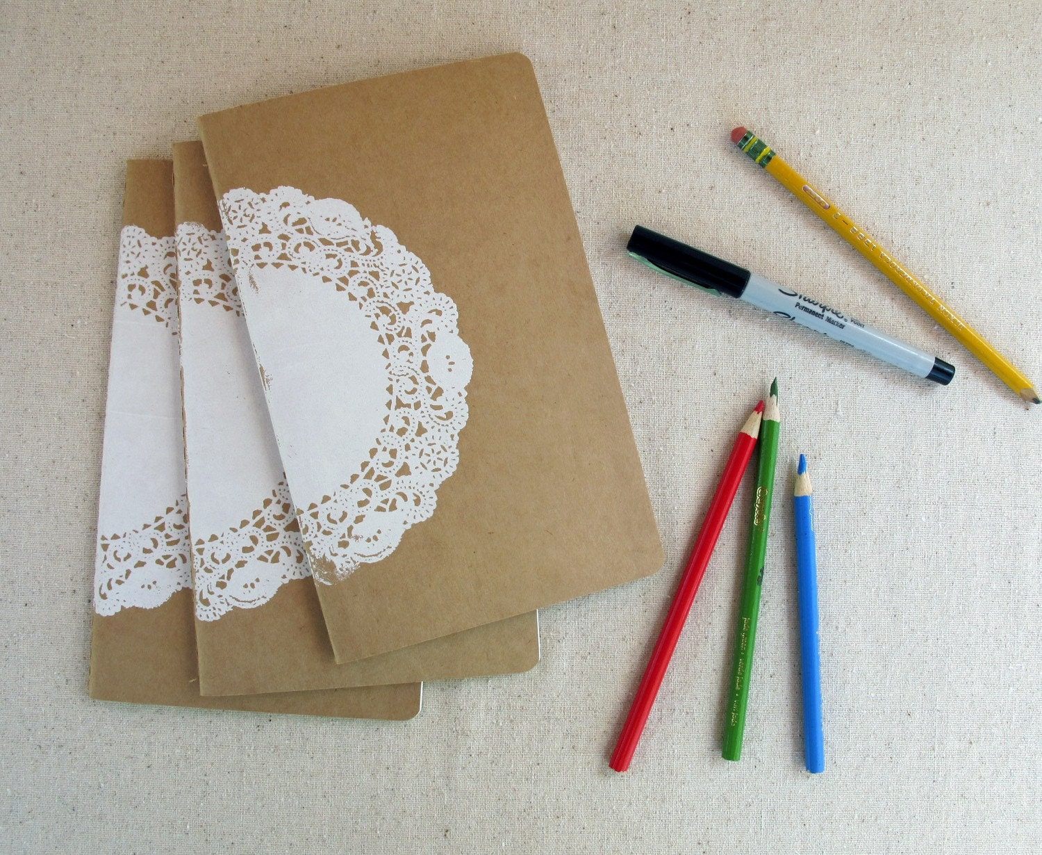 white lace doily -- screenprinted moleskine journal