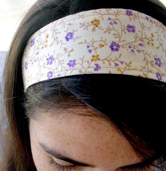 Headband reversible purple flowres in ivory background hair band girl women