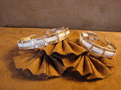 Mother of Pearl Beads set in 14K Rolled Gold Wire Wrapped Bangle Bracelet