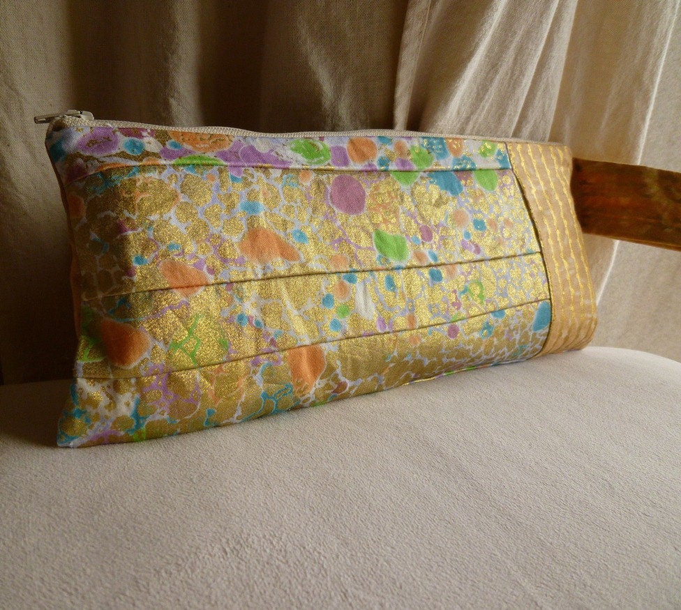 gold zippered clutch - leta wristlet in patterned metallic fabric