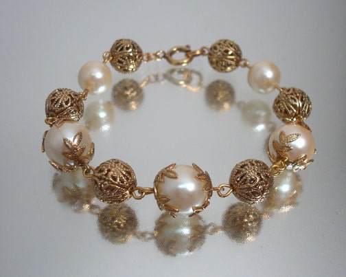 Vintage Filigree Bead and Faux Pearl Bracelet Shop Small